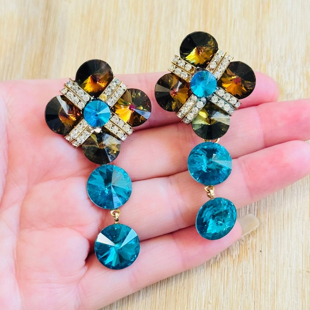 VTG Runway Austrian Crystal Rhinestone Clip Earrings Dangle Rivoli Statement 80s
